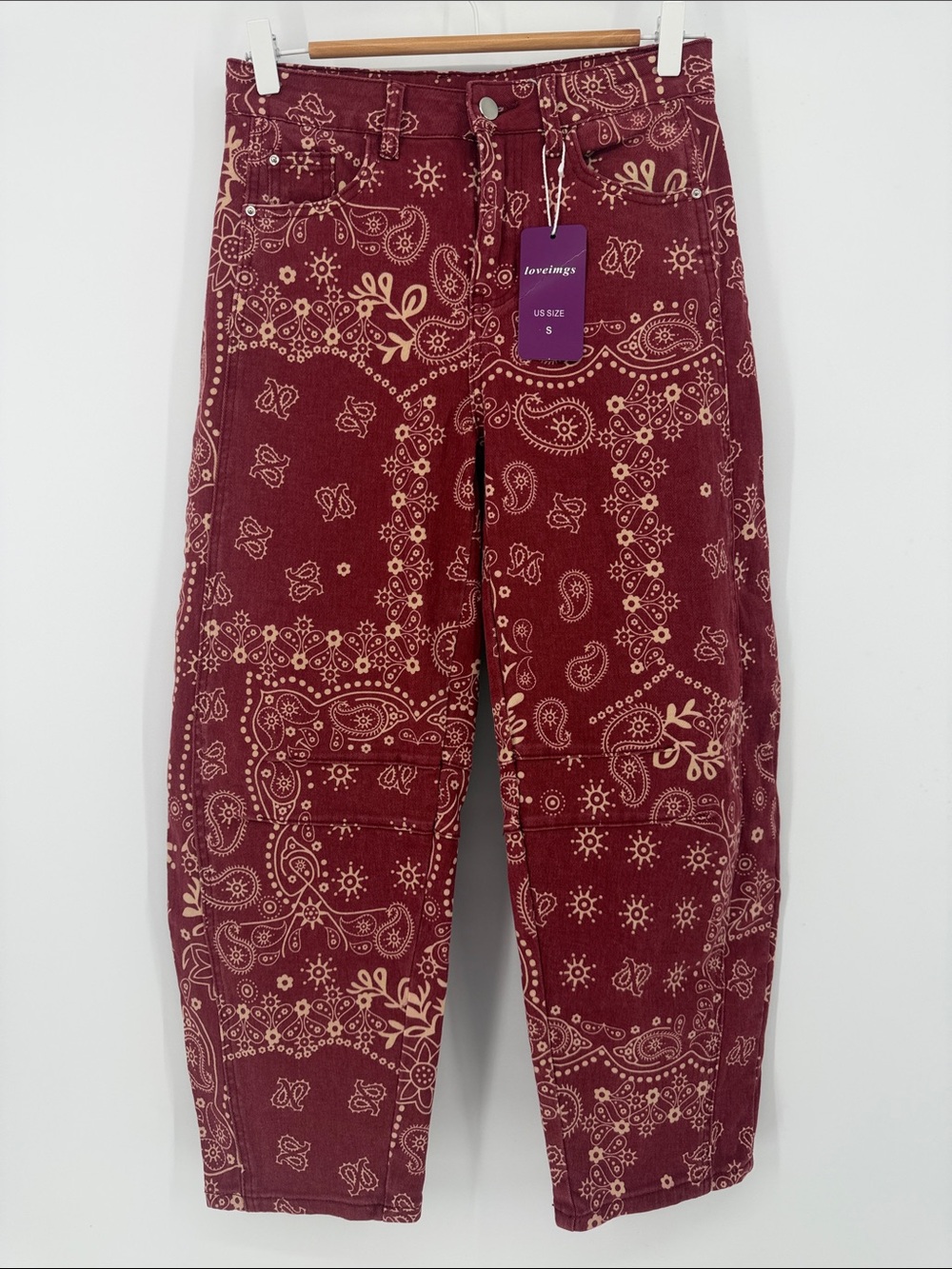 Loveimgs Bandana Paisley Barrel Jeans Western Cowgirl Burgundy Red S NWT
